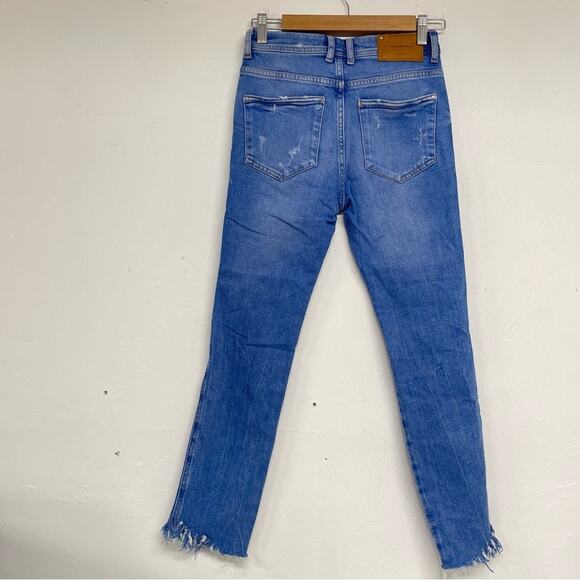 Zara Blue Distressed Raw Hem High Rise Skinny Jeans Womens 00 Zip Fly Classic - Picture 11 of 11
